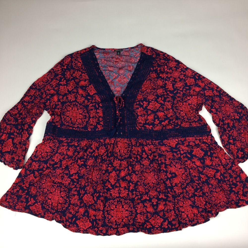 Torrid Tunic Top Womens‎ 5 Floral V-Neck Peasant Flare Sleeve Red Tassel
